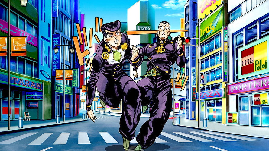 Josuke and Okuyasu Running Through City Streets in JoJo's Bizarre Adventure Part 4 HD wallpaper