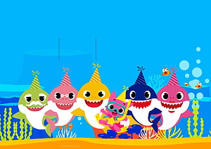 Baby Shark Family Party with Party Hats and Underwater Ocean Scene HD wallpaper