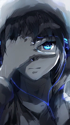 Anime Boy With Blue Eyes And Headphones In A Hoodie HD phone wallpaper