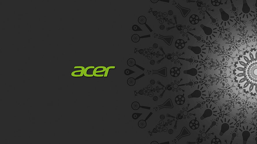 Acer Brand Logo on Dark Background with Abstract Technology Icons and Light Bulb Patterns HD wallpaper