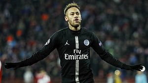 Neymar in Paris Saint-Germain Black Away Kit with Arms Outstretched on the Pitch HD wallpaper