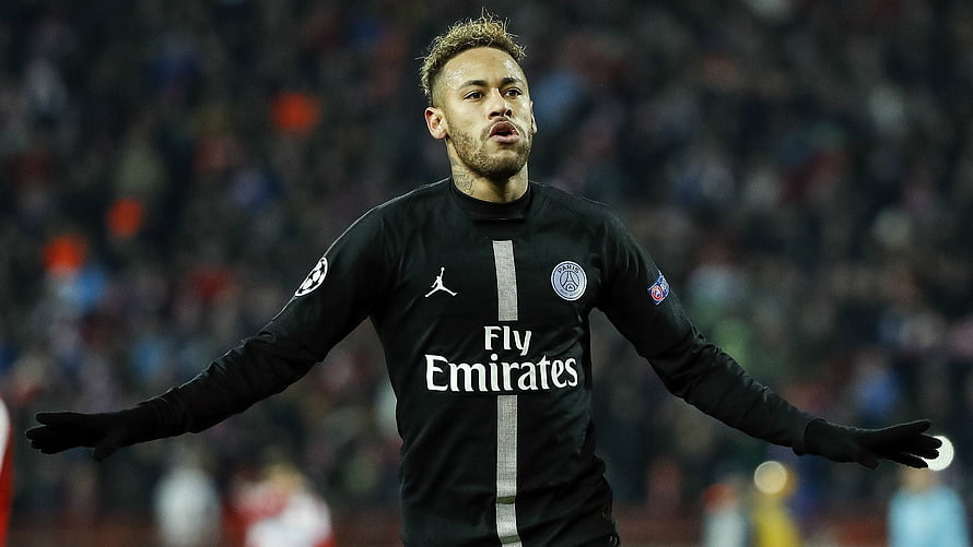 Neymar in Paris Saint-Germain Black Away Kit with Arms Outstretched on the Pitch HD wallpaper