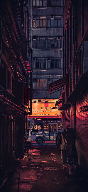 Moody Nighttime Alleyway in a Chinese Neighborhood with Neon Restaurant Sign HD phone wallpaper