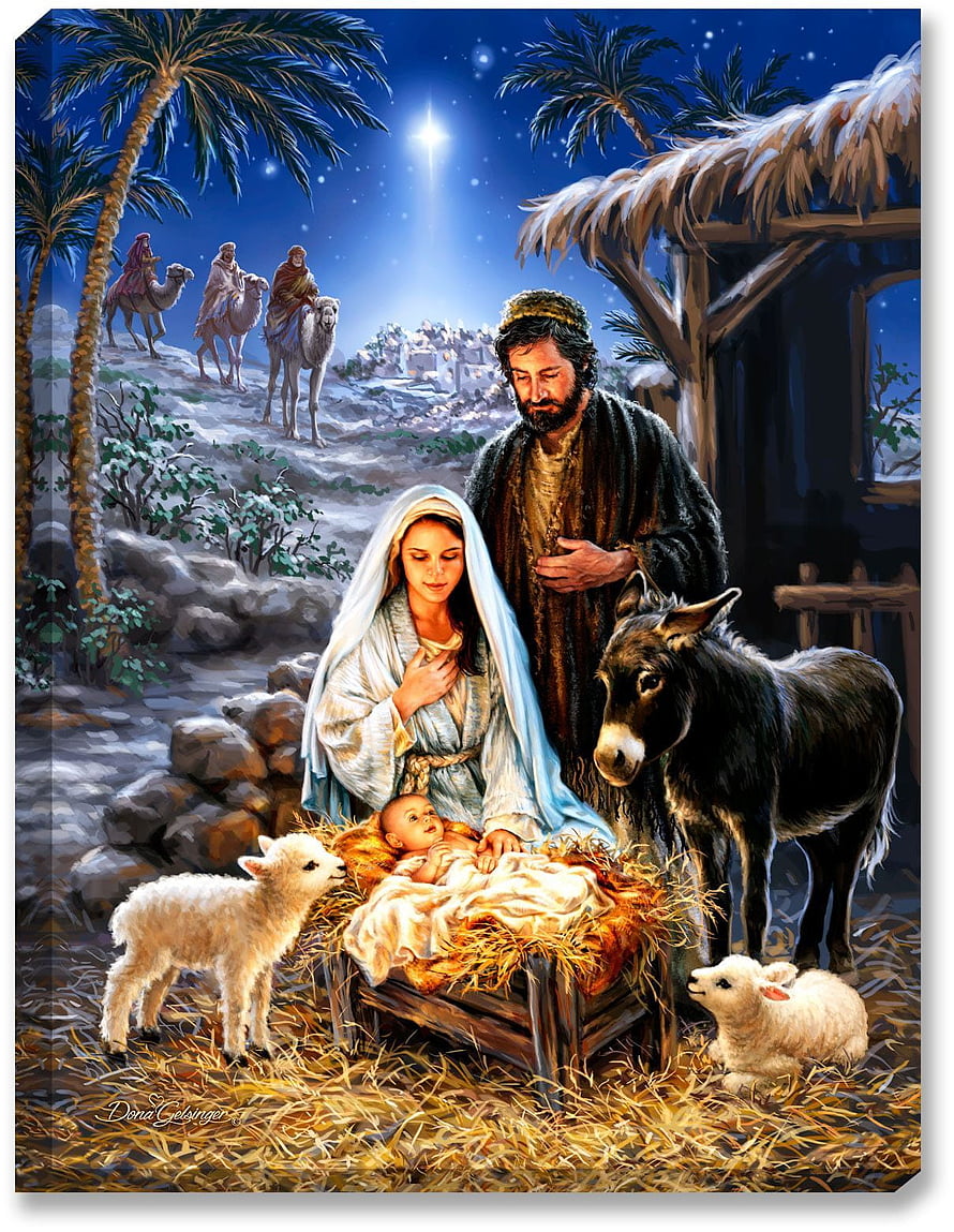 Traditional Nativity Scene with Mary, Joseph, Baby Jesus, and Animals Under Star of Bethlehem HD phone wallpaper