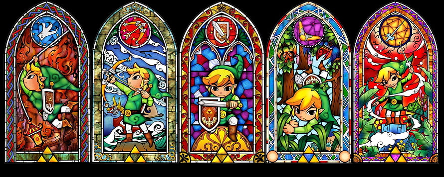 The Legend of Zelda Stained Glass Windows Featuring Link and Sacred Relics HD wallpaper