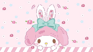 Cute My Melody Peeking Over Pink Striped Border With Floral Ears And Mint Bow HD wallpaper