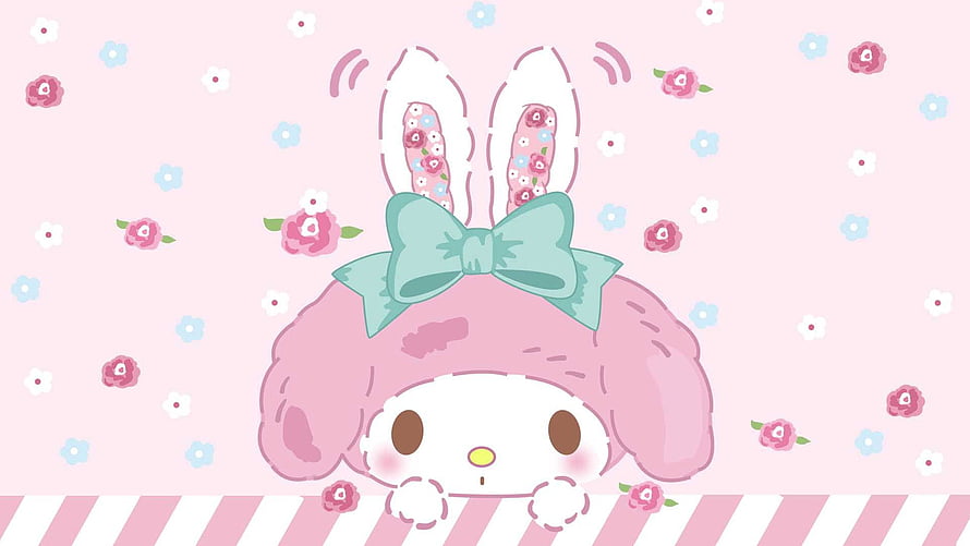 Cute My Melody Peeking Over Pink Striped Border With Floral Ears And Mint Bow HD wallpaper