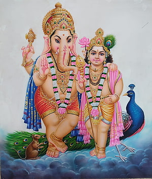 Ganesha and Kartikeya Hindu Deities with Peacock and Mouse HD phone wallpaper