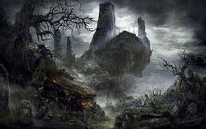 Dark Souls Concept Art: Bleak Ruined Castle and Desolate Graveyard Landscape HD wallpaper