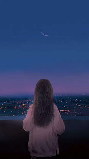 Girl Looking At Crescent Moon Over City Lights At Night HD phone wallpaper