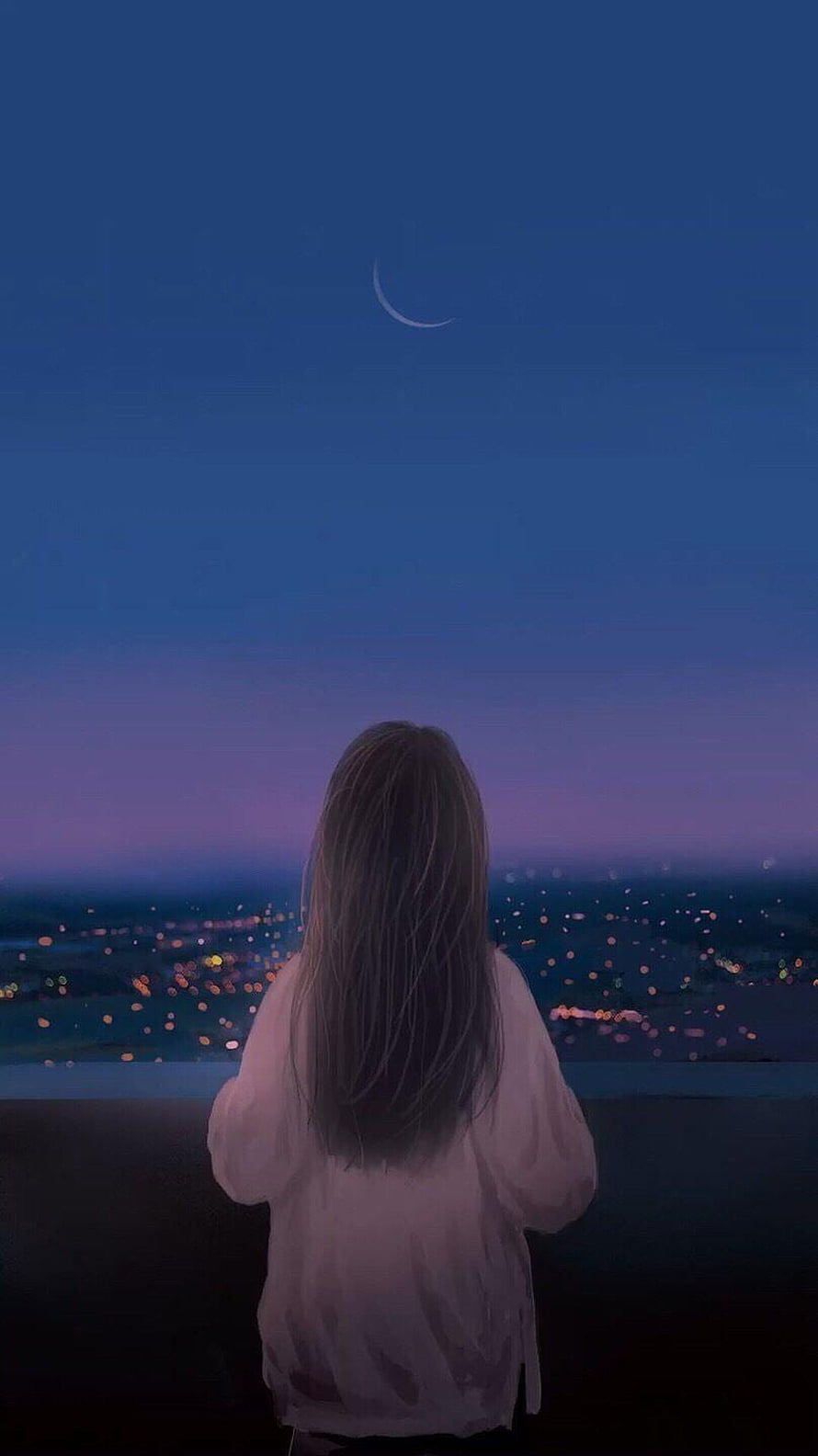 Girl Looking At Crescent Moon Over City Lights At Night HD phone wallpaper