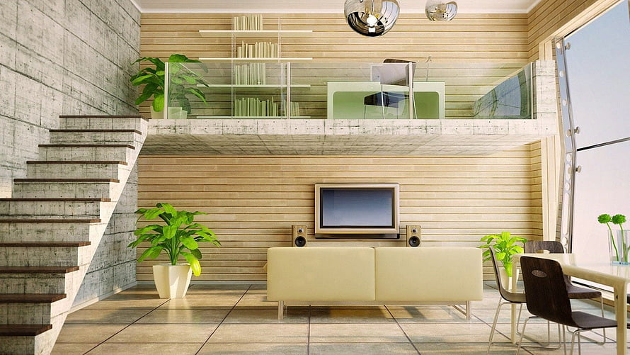 Modern Loft Living Room With Concrete Staircase And Wood Paneling HD wallpaper