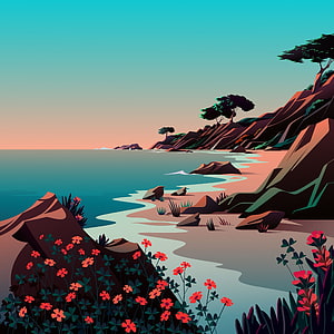 Stylized Coastal Landscape with Rocky Cliffs, Sandy Shore, and Vibrant Wildflowers at Sunset HD phone wallpaper