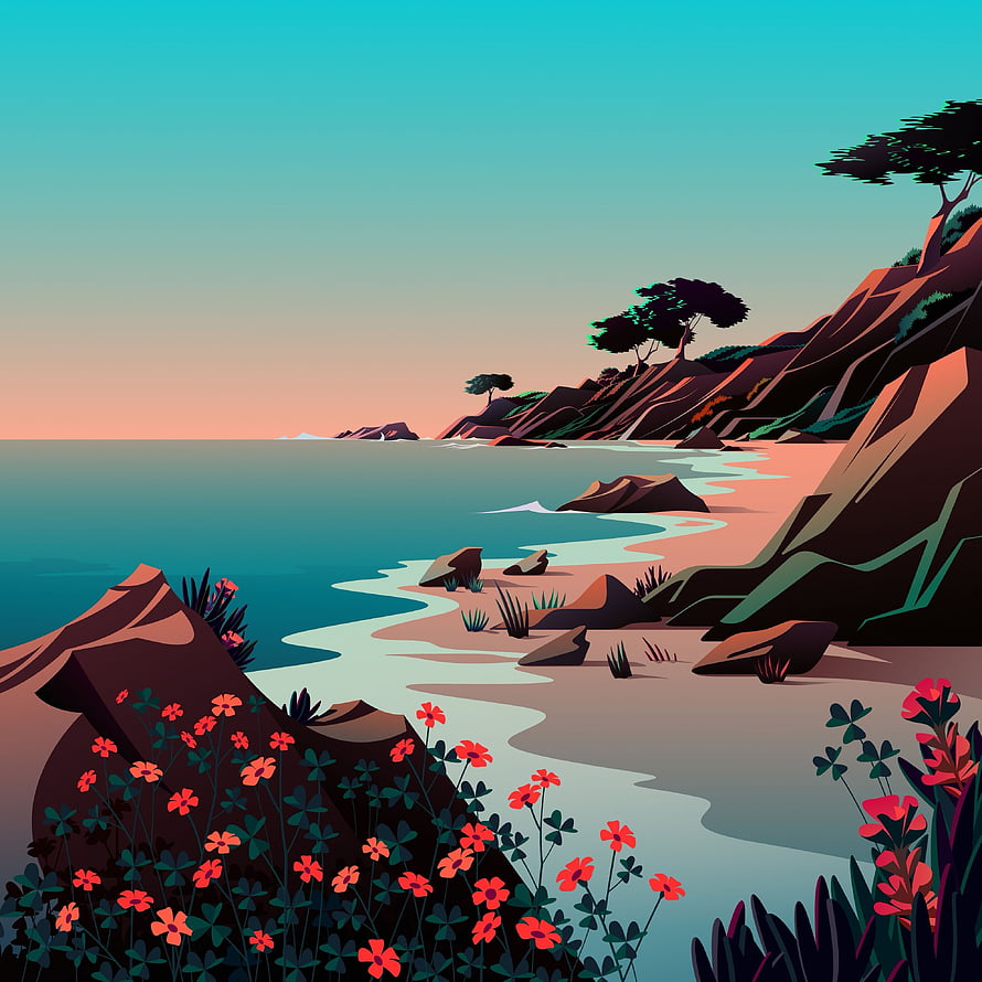 Stylized Coastal Landscape with Rocky Cliffs, Sandy Shore, and Vibrant Wildflowers at Sunset HD phone wallpaper