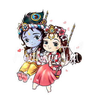 Cute Chibi Radha Krishna Sitting Together on a Swing with Peacock Feather and Floral Garlands HD phone wallpaper
