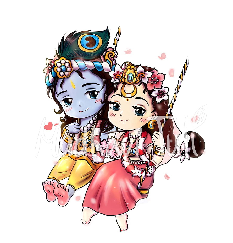 Cute Chibi Radha Krishna Sitting Together on a Swing with Peacock Feather and Floral Garlands HD phone wallpaper