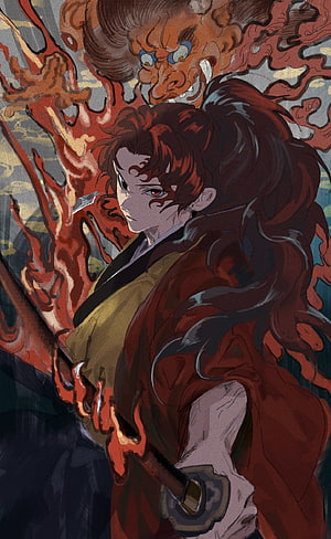Kyojuro Rengoku from Demon Slayer wielding a flaming sword with a fierce oni spirit in the background HD phone wallpaper