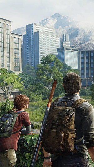Joel and Ellie overlooking a reclaimed city in The Last of Us Remastered HD phone wallpaper