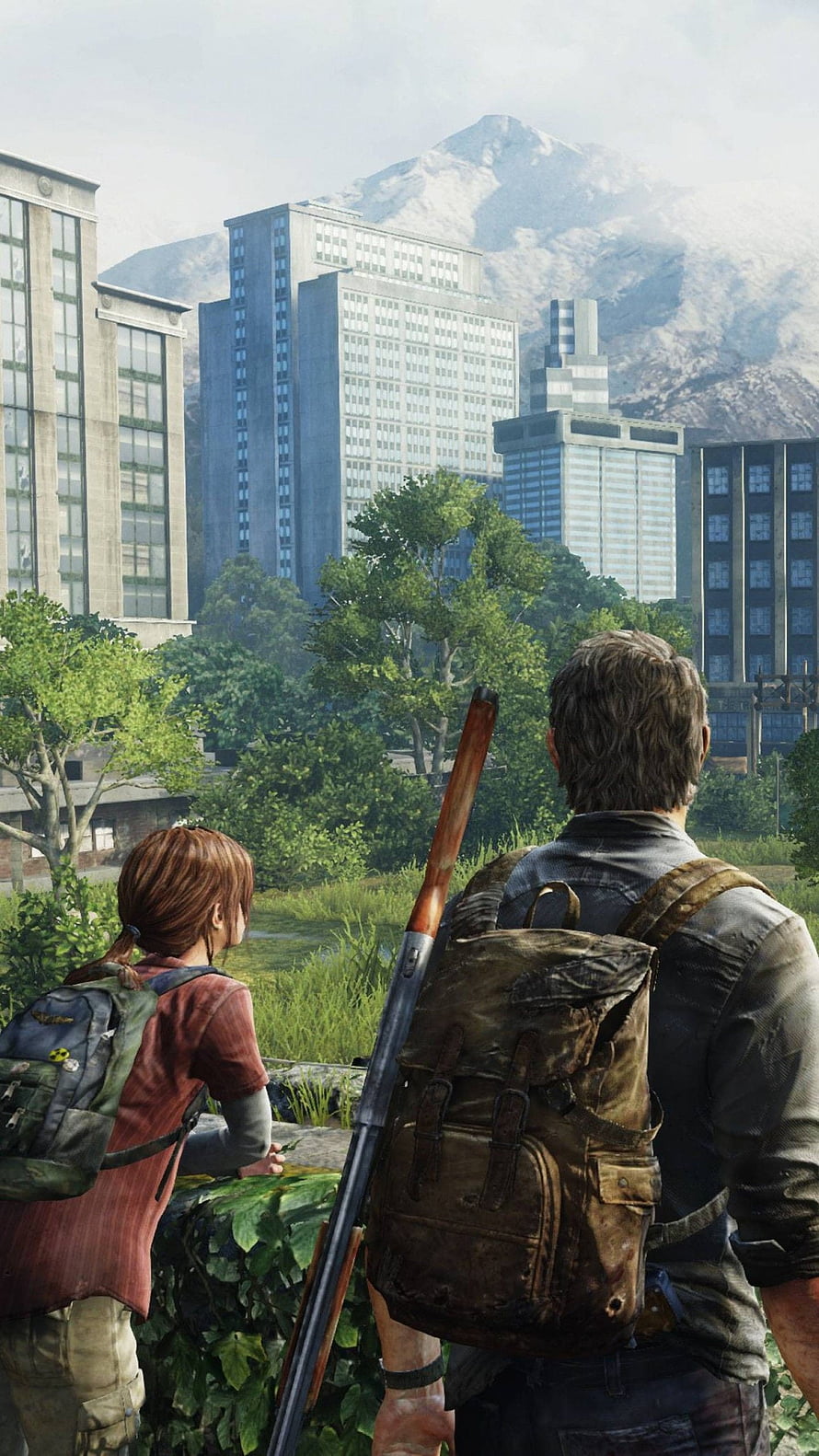 Joel and Ellie overlooking a reclaimed city in The Last of Us Remastered HD phone wallpaper