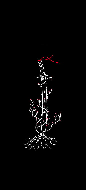Minimalist Katana and Sakura Blossom Line Art on Black Background HD phone wallpaper