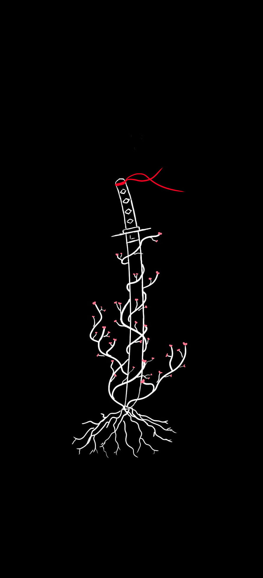 Minimalist Katana and Sakura Blossom Line Art on Black Background HD phone wallpaper