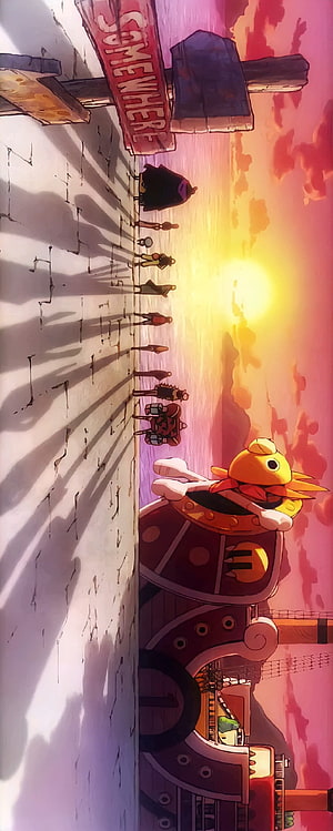 One Piece Straw Hat Crew Walking Away From Sunny Ship At Sunset HD phone wallpaper