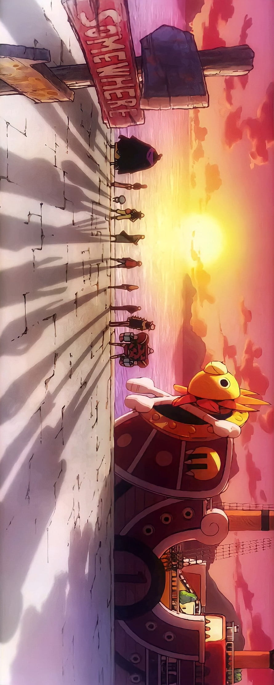 One Piece Straw Hat Crew Walking Away From Sunny Ship At Sunset HD phone wallpaper
