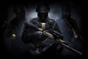 CrossFire Online Tactical Soldiers with Gold Assault Rifles in Dark Foggy Atmosphere HD wallpaper