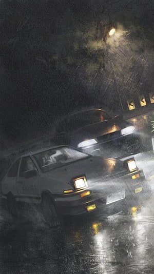 Initial D Night Street Racing Scene with Classic JDM Cars in Rain HD phone wallpaper