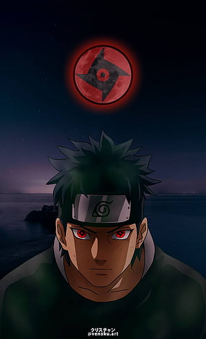 Shisui Uchiha with Glowing Sharingan Eyes and Konoha Headband Against a Dark Night Sky HD phone wallpaper