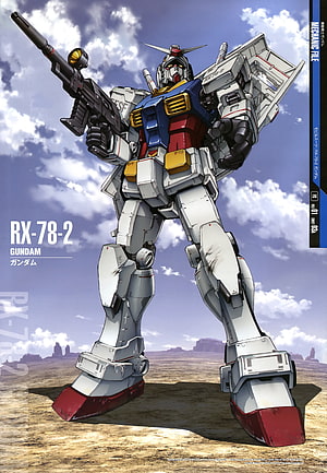 RX-78-2 Gundam Mobile Suit Standing in Desert Landscape with Beam Rifle and Shield HD phone wallpaper