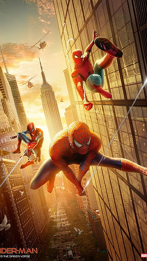 Spider-Man No Way Home Movie Poster Featuring Three Spider-Men Swinging Through New York City Skyline, Spider Man No Way Home, Spiderman HD phone wallpaper