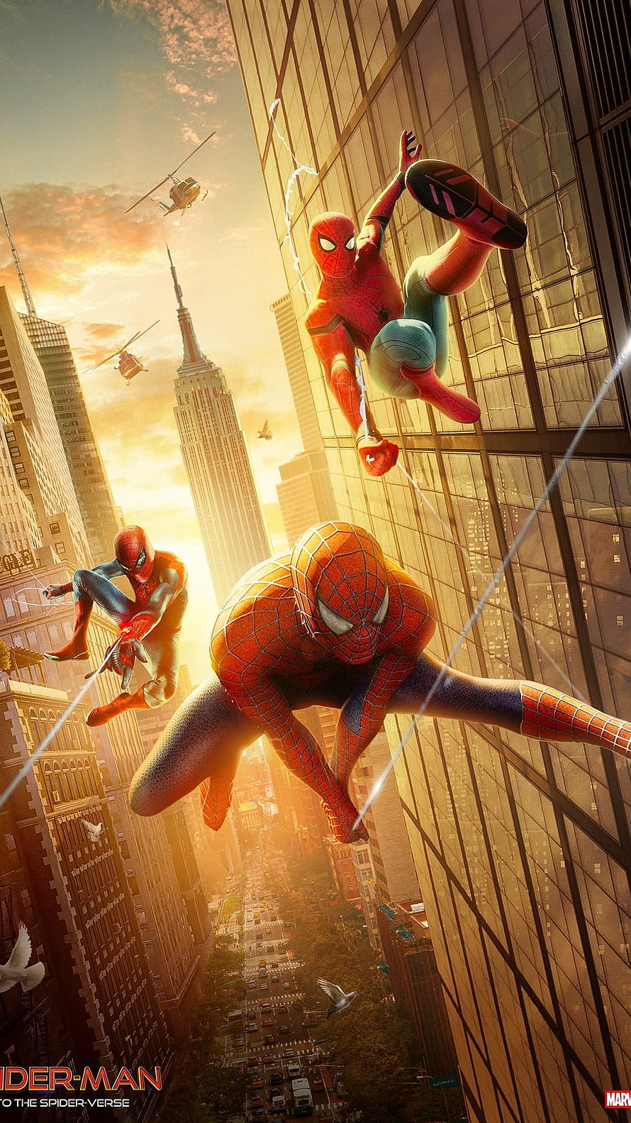 Spider-Man No Way Home Movie Poster Featuring Three Spider-Men Swinging Through New York City Skyline, Spider Man No Way Home, Spiderman HD phone wallpaper