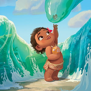 Baby Moana Reaching for a Floating Orb in a Tropical Ocean Scene HD phone wallpaper
