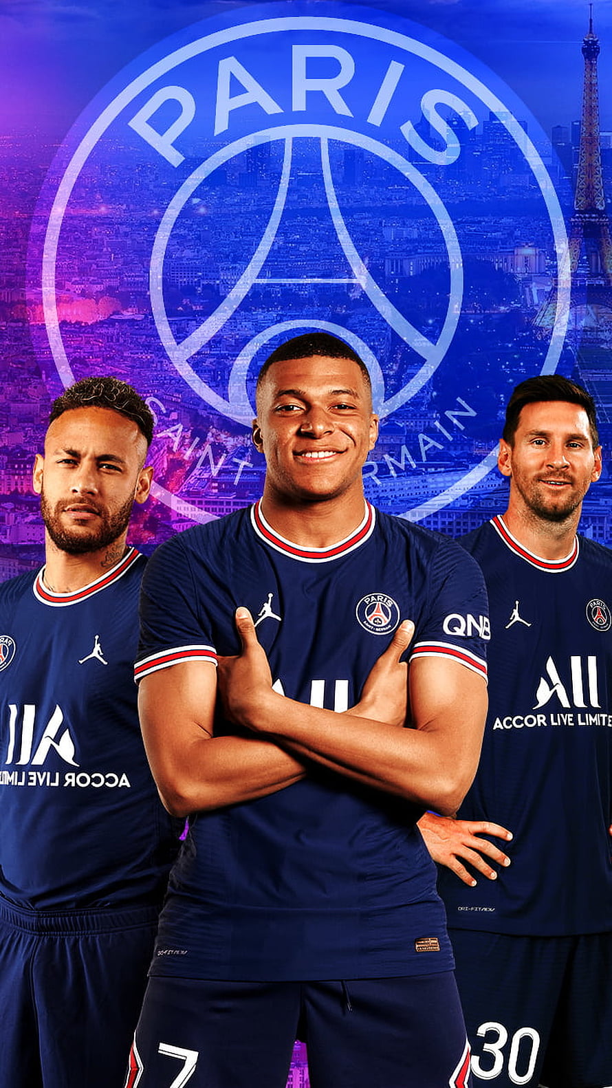 Kylian Mbappe, Neymar, and Lionel Messi in Paris Saint-Germain Blue Kits HD phone wallpaper