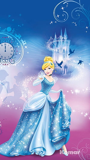 Cinderella in Sparkling Blue Ballgown with Castle and Clock at Midnight HD phone wallpaper