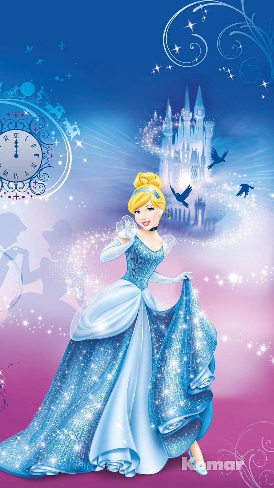 Cinderella in Sparkling Blue Ballgown with Castle and Clock at Midnight HD phone wallpaper