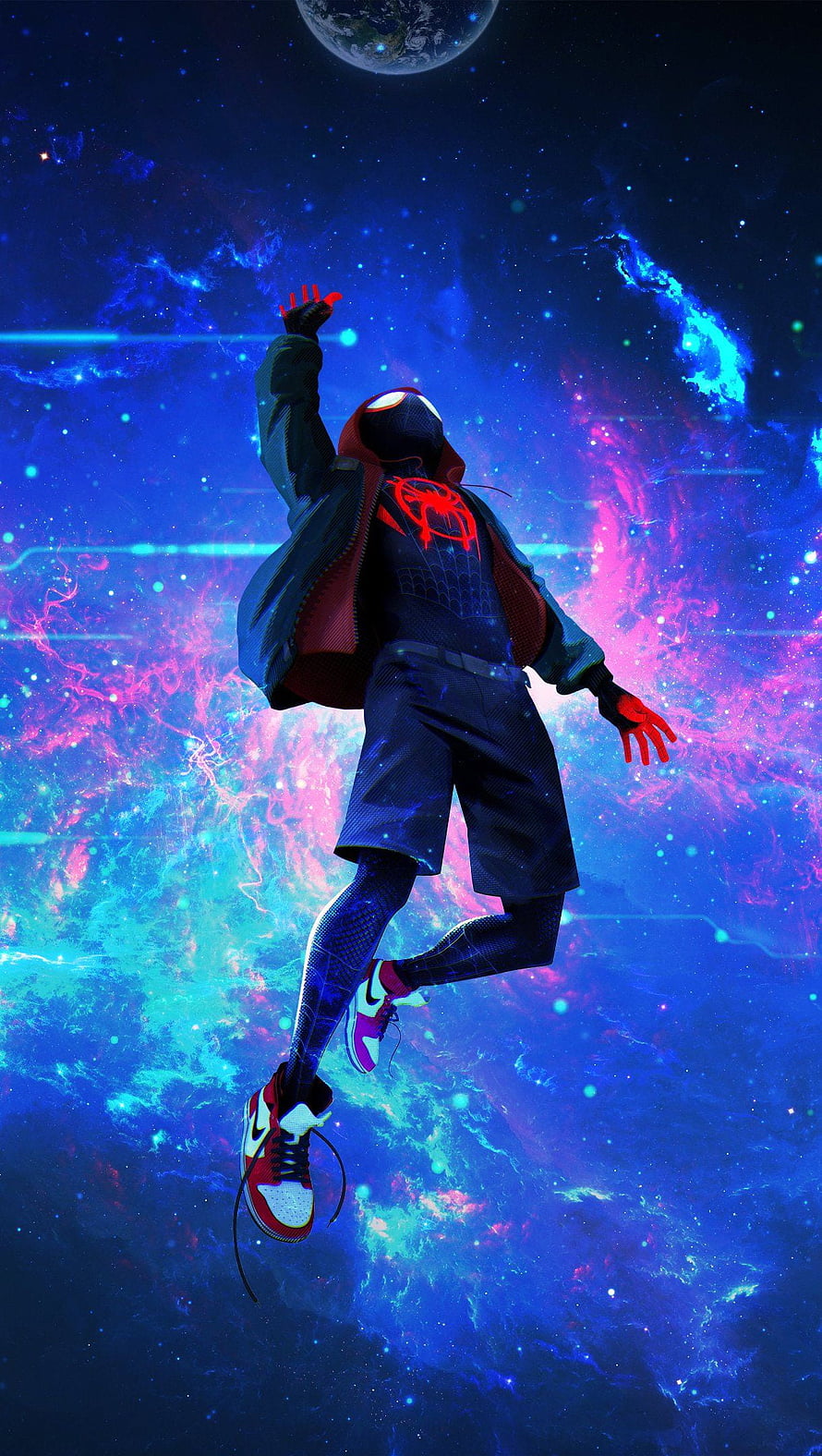 Miles Morales Spider-Man Floating in Vibrant Cosmic Nebula Space Background, Miles Morales In Spider Man Into The Spider Verse Ultra, Cool Miles Morales HD phone wallpaper
