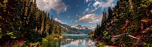 Serene Mountain Lake Surrounded by Dense Pine Forest and Snowy Peaks HD wallpaper