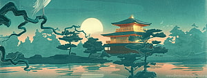 Japanese Pagoda at Moonrise Over a Serene Lake with Pine Trees HD wallpaper