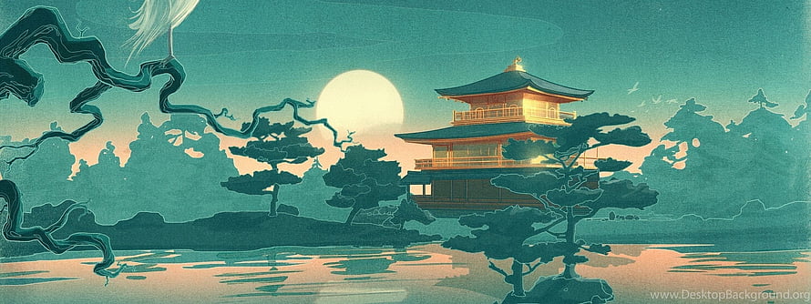 Japanese Pagoda at Moonrise Over a Serene Lake with Pine Trees HD wallpaper