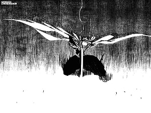 Bleach Manga Panel: Dramatic Black and White Character with Flowing Scarves in Rain HD wallpaper