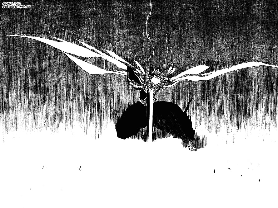 Bleach Manga Panel: Dramatic Black and White Character with Flowing Scarves in Rain HD wallpaper