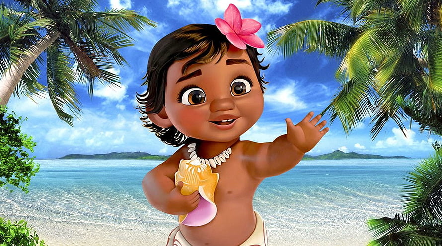 Baby Moana Holding a Seashell on a Tropical Beach with Palm Trees HD wallpaper
