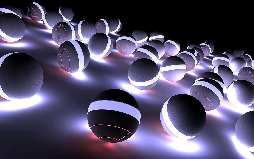 Futuristic glowing spheres with neon rings on dark background HD wallpaper