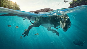 Prehistoric Planet Season 1: T-Rex Swimming Underwater in Tropical Lagoon HD wallpaper
