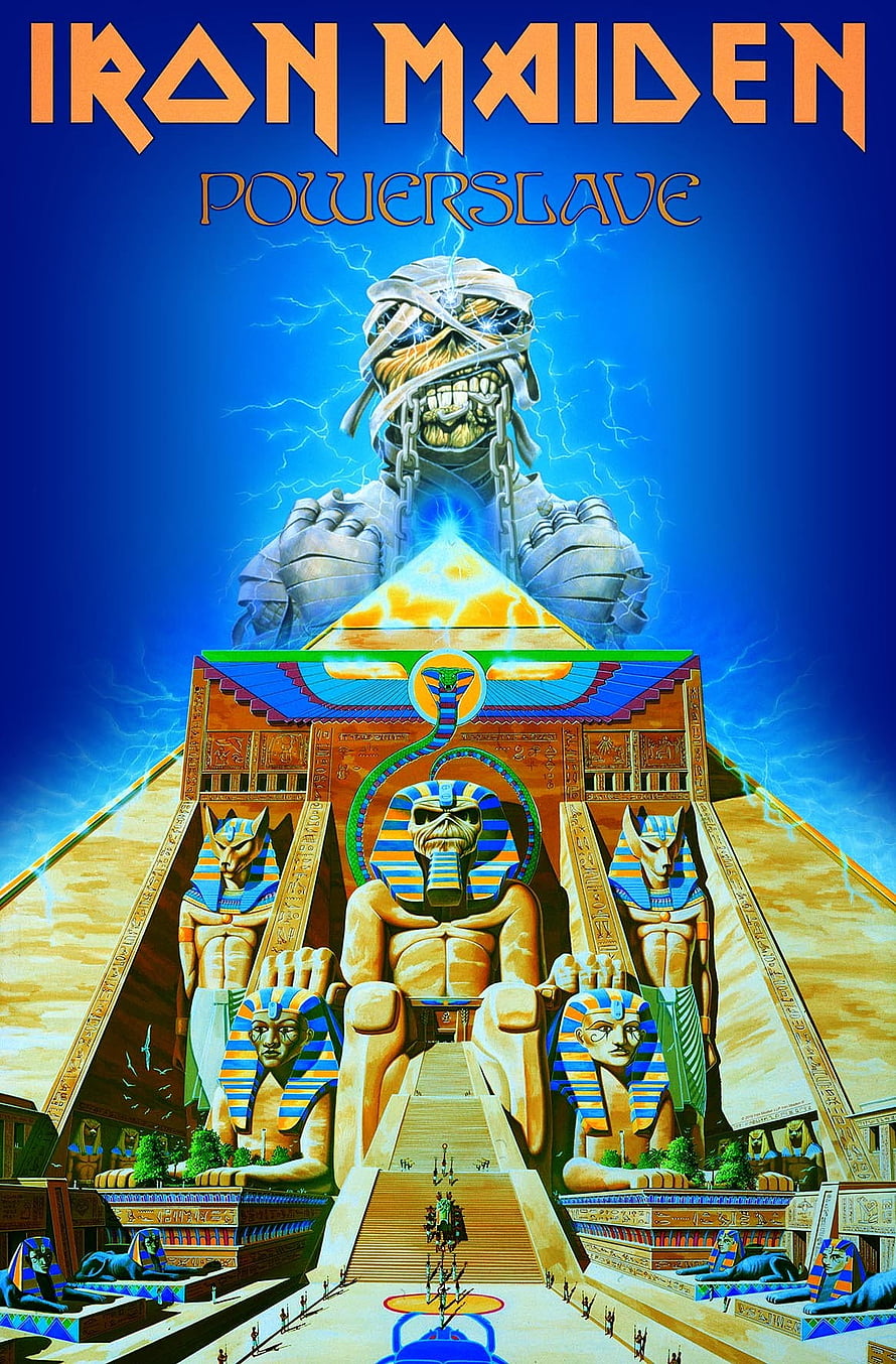 Iron Maiden Powerslave Album Artwork Featuring Egyptian Temple and Mummified Statue HD phone wallpaper