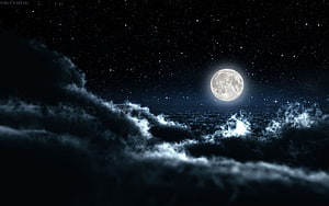 Full Moon Rising Over Dark Clouds and Starry Night Sky HD wallpaper