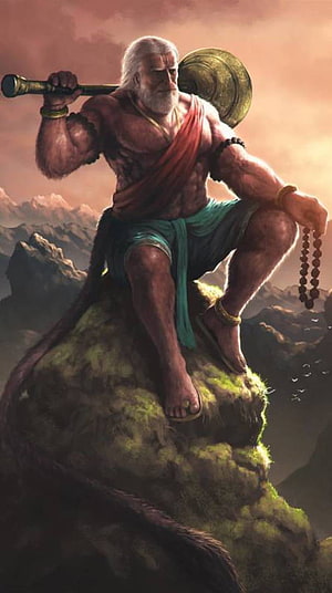 Hercules sitting on a mossy rock with a club and prayer beads in a fantasy landscape HD phone wallpaper