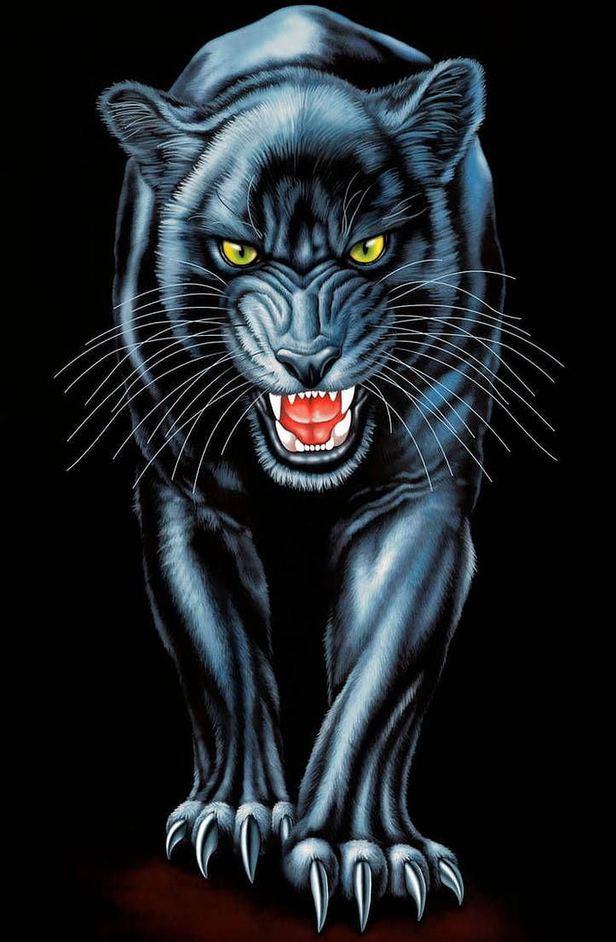 Fierce Black Panther Illustration with Glowing Yellow Eyes and Bared Claws on Dark Background HD phone wallpaper